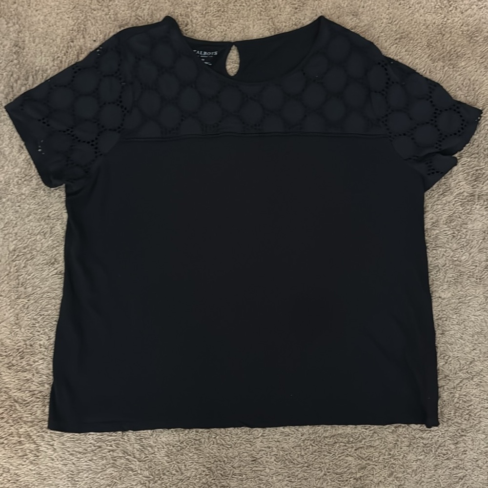 Talbots Women Black Boxy Short Sleeve Eyelet Detail T-Shirt size 3X Preppy Basic